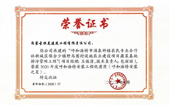 2020年度呼和浩特安裝工程優質獎（呼和浩特安裝之星）